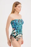 PATTERNED HALTER TIE SWIMSUIT WITH GLASS BEAD DETAIL