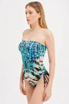PATTERNED HALTER TIE SWIMSUIT WITH GLASS BEAD DETAIL