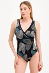 LEAF PATTERNED DOUBLE-BREASTED SWIMSUIT