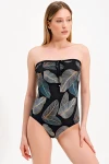 LEAF PATTERNED STRAPLESS SWIMSUIT